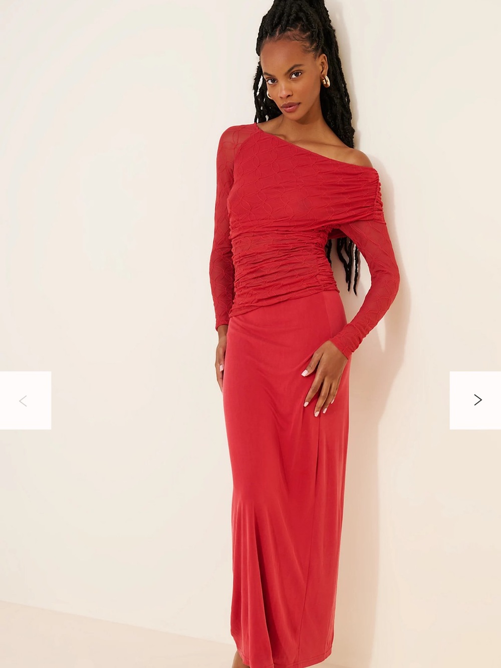 Asymmetrical Red Ruched Long Sleeve Maxi Dress